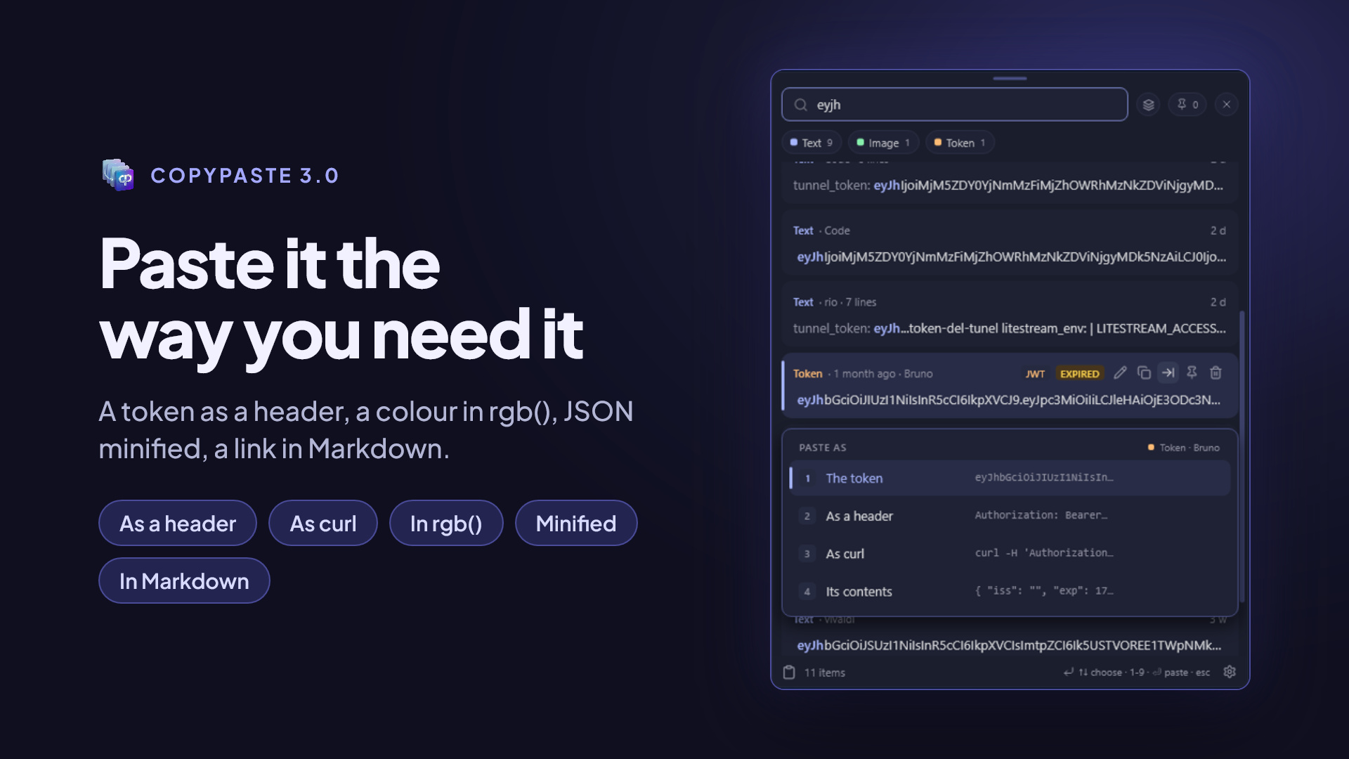 The Paste as menu on a token