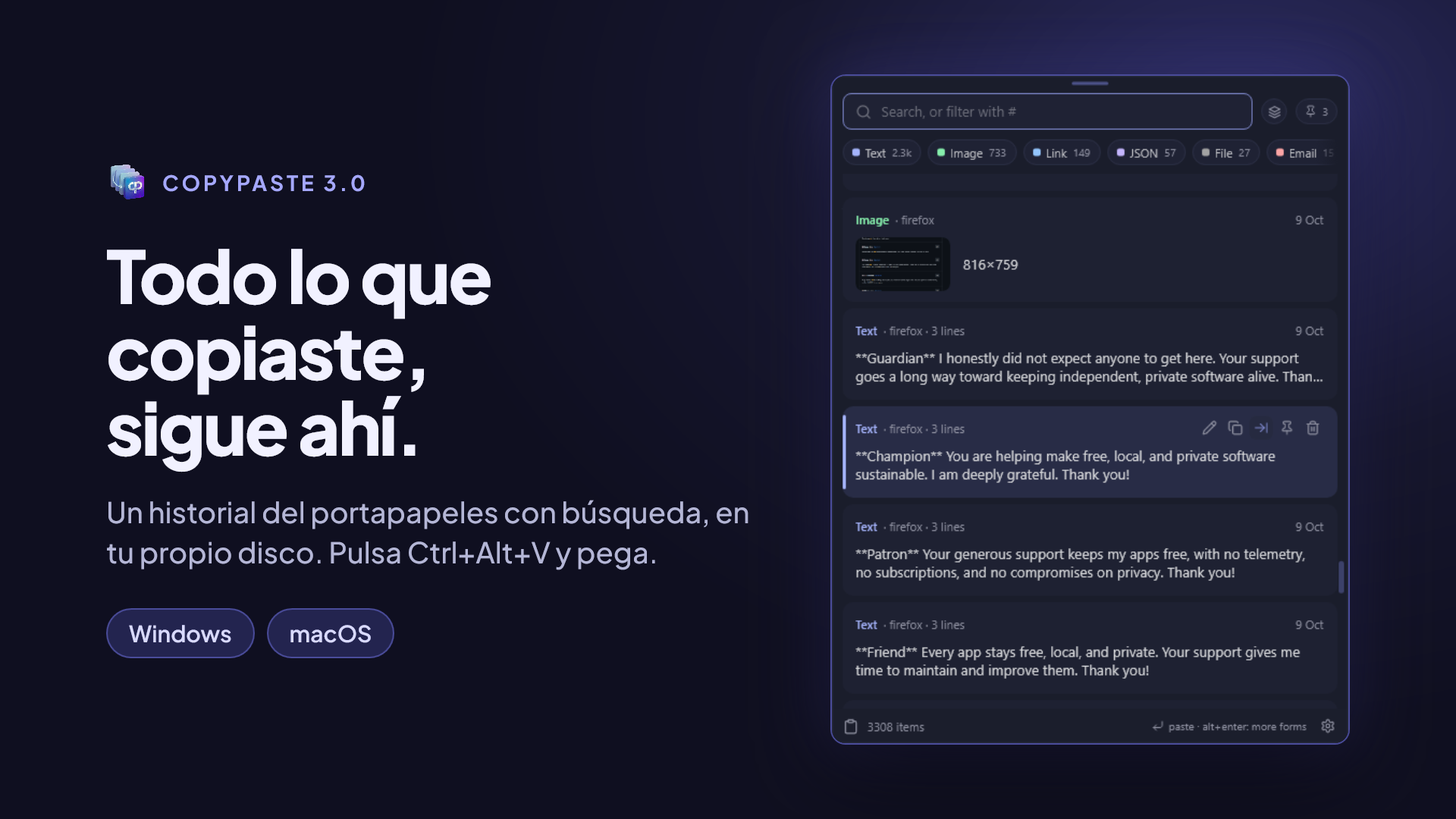 El panel de CopyPaste con el historial de lo copiado