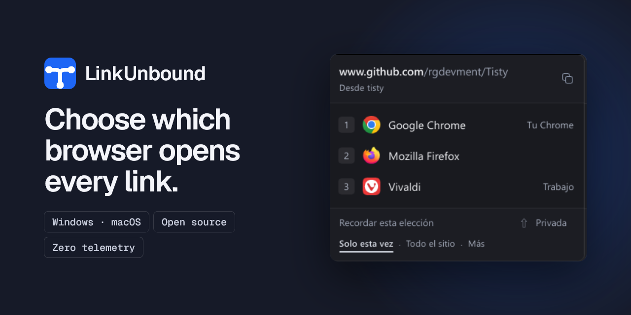 LinkUnbound: the picker beside a link, listing the installed browsers with the profile each one opens