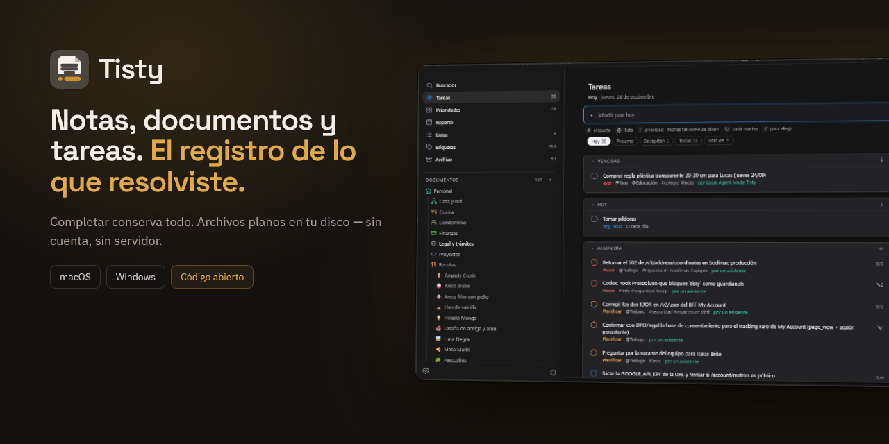 Tisty: notas, documentos y tareas, con la lista del dia junto a los documentos guardados en disco