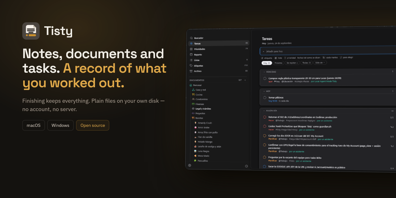 Tisty: notes, documents and tasks, with the day's list beside the documents kept on disk